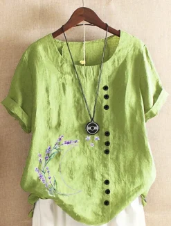 Sale Women's Plus Size Linen-Inspired Shirts Button Up T Shirt Graphic Casual Short Sleeve Round Neck Regular Tops Daily Print Spring All Seasons Women Shirts