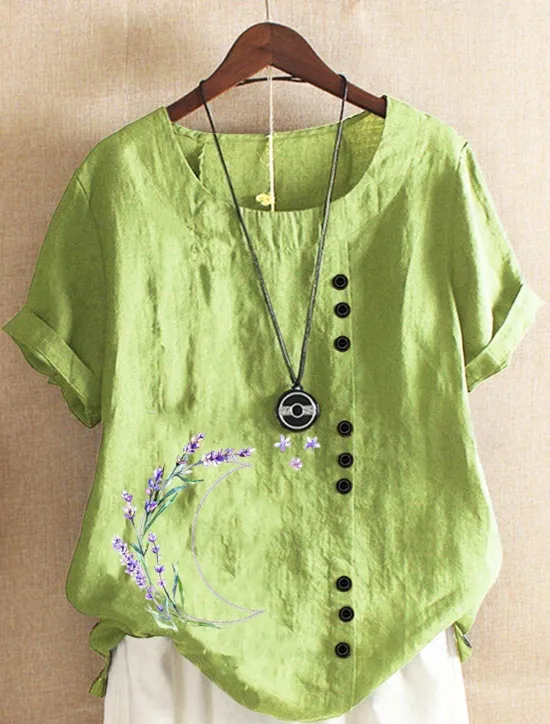 Sale Women's Plus Size Linen-Inspired Shirts Button Up T Shirt Graphic Casual Short Sleeve Round Neck Regular Tops Daily Print Spring All Seasons Women Shirts