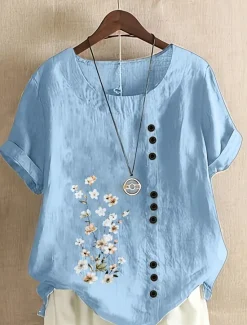 Best Women's Plus Size Linen-Inspired Shirts T Shirt Flower Casual Short Sleeve Crew Neck Daily All Seasons Women Shirts
