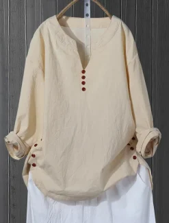New Women's Plus Size Linen-Inspired Shirts Blouse Solid Color Casual Long Sleeve V Neck Regular Tops Daily Buttons All Seasons Women Shirts