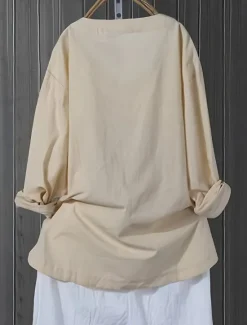 New Women's Plus Size Linen-Inspired Shirts Blouse Solid Color Casual Long Sleeve V Neck Regular Tops Daily Buttons All Seasons Women Shirts