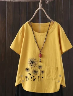 Women's Plus Size Linen-Inspired Shirts T Shirt Flower Daily Short Sleeve Crew Neck Regular Tops Daily Print White Yellow Pink Spring All Seasons Women Shirts
