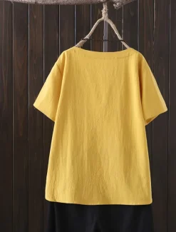 Women's Plus Size Linen-Inspired Shirts T Shirt Flower Daily Short Sleeve Crew Neck Regular Tops Daily Print White Yellow Pink Spring All Seasons Women Shirts