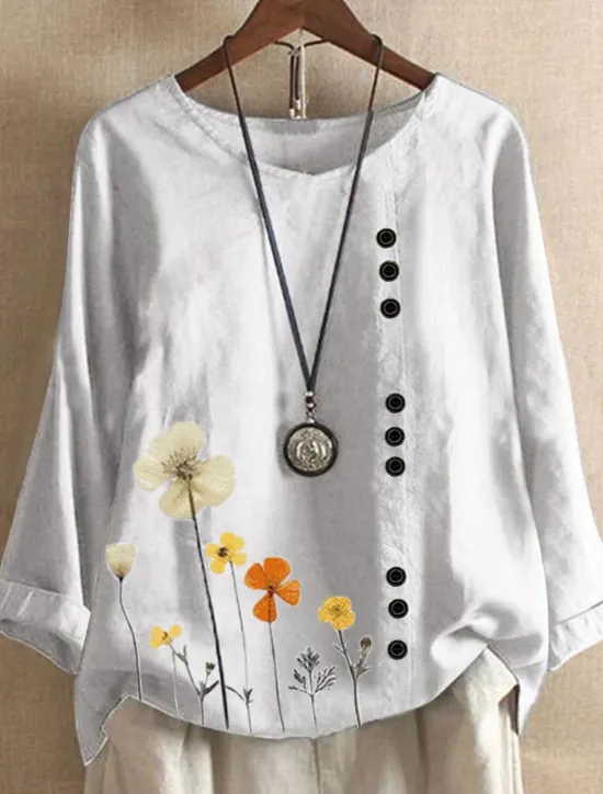 Hot Women's Plus Size Linen-Inspired Shirts Blouse Flower Casual Long Sleeve Crew Neck Regular Tops Daily Print Spring & Fall Women Shirts