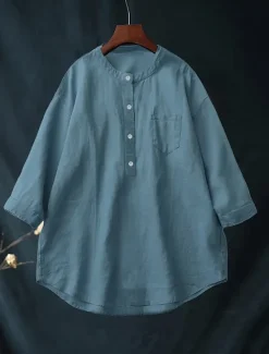 Clearance Women's Plus Size Linen-Inspired Shirts Blouse Solid Color Casual 3/4 Length Sleeve Shirt Collar Regular Tops Daily Spring & Fall Women Shirts