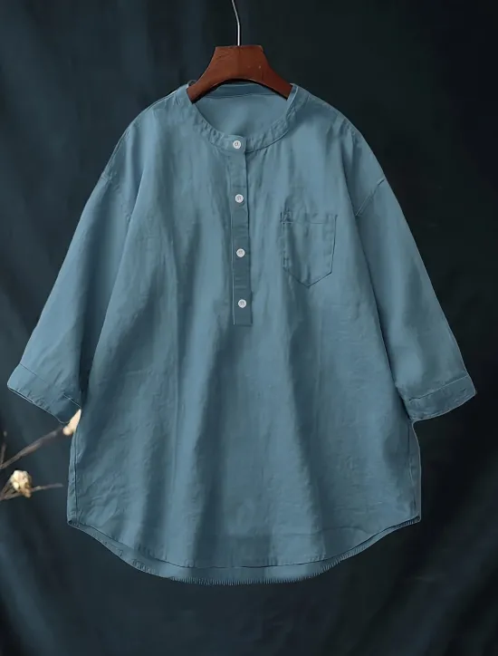 Clearance Women's Plus Size Linen-Inspired Shirts Blouse Solid Color Casual 3/4 Length Sleeve Shirt Collar Regular Tops Daily Spring & Fall Women Shirts