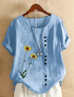 Women's Plus Size Linen-Inspired Shirts T Shirt Floral Casual Short Sleeve Crew Neck Regular Tops Daily Print All Seasons Women Shirts