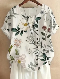 Hot Women's Plus Size Linen-Inspired Shirts T Shirt Flower Casual Short Sleeve Crew Neck Daily All Seasons Women Shirts