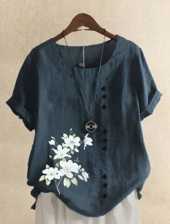 Women's Plus Size Linen-Inspired Shirts Blouse Flower Casual Short Sleeve Crew Neck Regular Tops Daily Print All Seasons Women Shirts