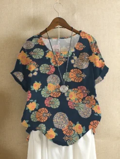 Clearance Women's Plus Size Linen-Inspired Shirts Blouse Flower Casual Short Sleeve Crew Neck Regular Tops Daily Print All Seasons Women Shirts