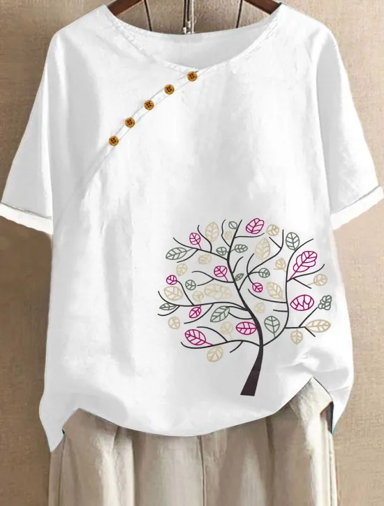 Women's Plus Size Linen-Inspired Shirts Summer Tops Solid Color Casual Short Sleeve Crew Neck Regular Tops Daily Print Spring All Seasons Women Shirts