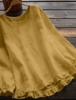 Sale Women's Plus Size Linen-Inspired Shirts Blouse Plain Basic Casual Comfortable Long Sleeve Crew Neck Crewneck Long Tops Daily Weekend Ruffle Lettuce Trim Black White Yellow Pink Army Green Spring Fall Women Shirts