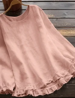 Sale Women's Plus Size Linen-Inspired Shirts Blouse Plain Basic Casual Comfortable Long Sleeve Crew Neck Crewneck Long Tops Daily Weekend Ruffle Lettuce Trim Black White Yellow Pink Army Green Spring Fall Women Shirts