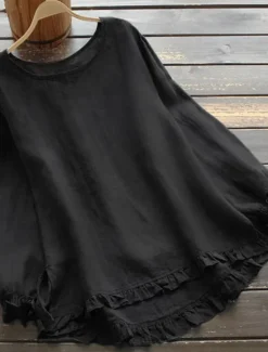 Sale Women's Plus Size Linen-Inspired Shirts Blouse Plain Basic Casual Comfortable Long Sleeve Crew Neck Crewneck Long Tops Daily Weekend Ruffle Lettuce Trim Black White Yellow Pink Army Green Spring Fall Women Shirts