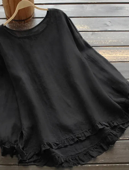 Sale Women's Plus Size Linen-Inspired Shirts Blouse Plain Basic Casual Comfortable Long Sleeve Crew Neck Crewneck Long Tops Daily Weekend Ruffle Lettuce Trim Black White Yellow Pink Army Green Spring Fall Women Shirts