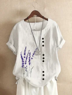 Sale Women's Plus Size Linen-Inspired Shirts T Shirt Flower Casual Short Sleeve Crew Neck All Seasons Women Shirts