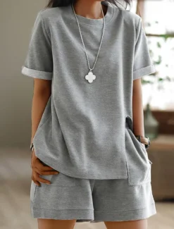 Best Women's Plus Size Loungewear Sets Pure Color Sport Casual Comfort Home Street Daily Breathable Crew Neck Short Sleeve T shirt Tee Shorts Pocket Summer Spring Home Outfits Women Pajama-Setter