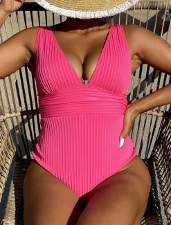 Outlet Women's Plus Size Swimwear One Piece Swimsuit Backless Patchwork Vacation Hawaiian Solid Color V Neck Sleeveless Bathing Suits Women One-Pieces