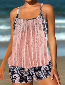 Online Women's Plus Size Swimwear Tankini 2 Piece Swim Dress High Waist Swimsuit See Through High Waist Knitted Stylish Beach Wear Leopard Tropical Round Neck Sleeveless Bathing Suits Women Leopard Swimwear