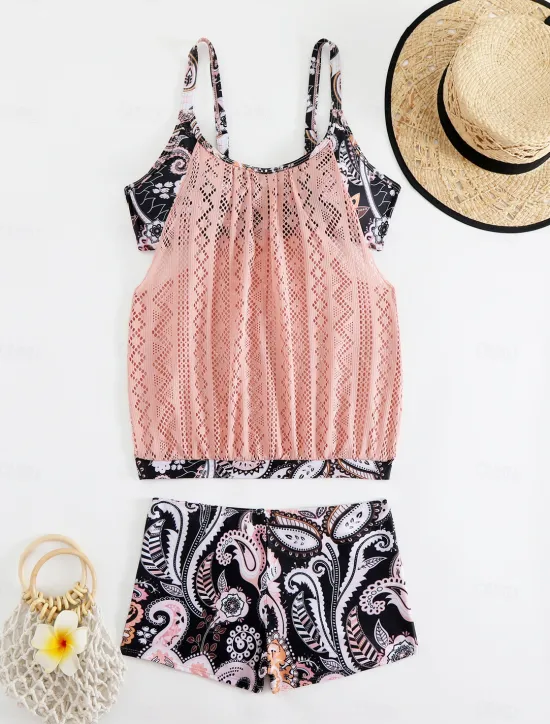 Online Women's Plus Size Swimwear Tankini 2 Piece Swim Dress High Waist Swimsuit See Through High Waist Knitted Stylish Beach Wear Leopard Tropical Round Neck Sleeveless Bathing Suits Women Leopard Swimwear