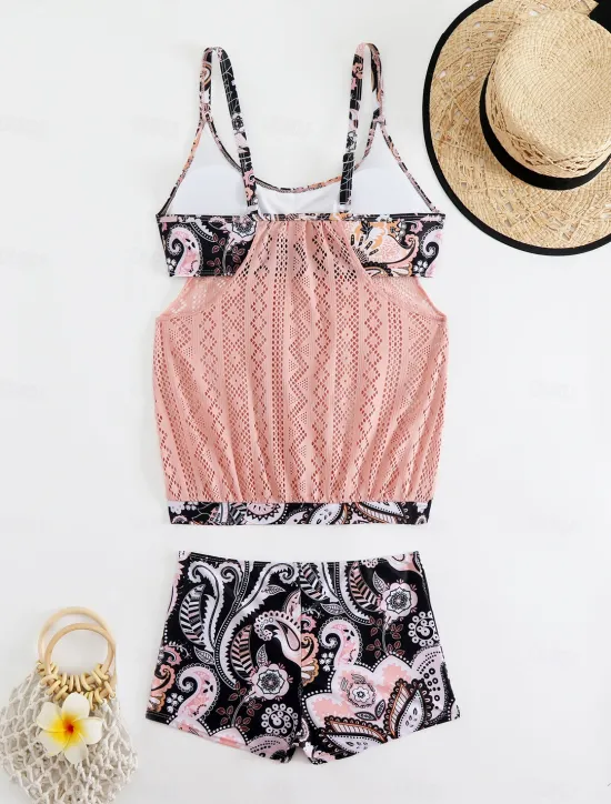 Online Women's Plus Size Swimwear Tankini 2 Piece Swim Dress High Waist Swimsuit See Through High Waist Knitted Stylish Beach Wear Leopard Tropical Round Neck Sleeveless Bathing Suits Women Leopard Swimwear