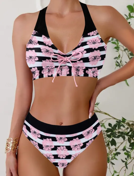 Discount Women's Plus Size Swimwear Bikini Tankini 2 Piece Cheeky Swimsuit Deep V Push Up Knitted Stylish Beach Wear Flag Tropical Plunge Sleeveless Bathing Suits Women Bikinis