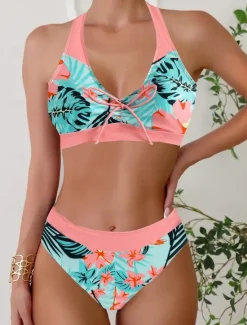 Discount Women's Plus Size Swimwear Bikini Tankini 2 Piece Cheeky Swimsuit Deep V Push Up Knitted Stylish Beach Wear Flag Tropical Plunge Sleeveless Bathing Suits Women Bikinis