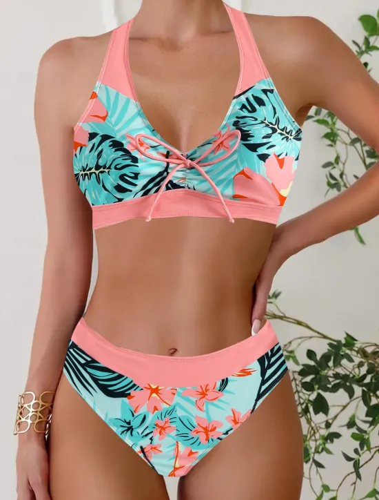 Discount Women's Plus Size Swimwear Bikini Tankini 2 Piece Cheeky Swimsuit Deep V Push Up Knitted Stylish Beach Wear Flag Tropical Plunge Sleeveless Bathing Suits Women Bikinis