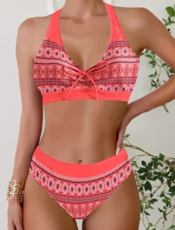 Discount Women's Plus Size Swimwear Bikini Tankini 2 Piece Cheeky Swimsuit Deep V Push Up Knitted Stylish Beach Wear Flag Tropical Plunge Sleeveless Bathing Suits Women Bikinis