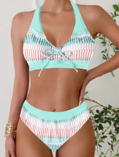 Discount Women's Plus Size Swimwear Bikini Tankini 2 Piece Cheeky Swimsuit Deep V Push Up Knitted Stylish Beach Wear Flag Tropical Plunge Sleeveless Bathing Suits Women Bikinis
