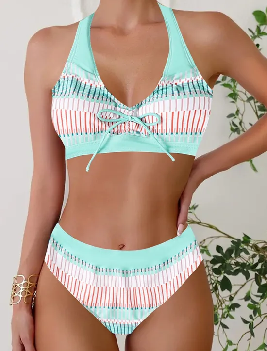 Discount Women's Plus Size Swimwear Bikini Tankini 2 Piece Cheeky Swimsuit Deep V Push Up Knitted Stylish Beach Wear Flag Tropical Plunge Sleeveless Bathing Suits Women Bikinis
