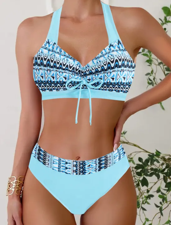 Discount Women's Plus Size Swimwear Bikini Tankini 2 Piece Cheeky Swimsuit Deep V Push Up Knitted Stylish Beach Wear Flag Tropical Plunge Sleeveless Bathing Suits Women Bikinis