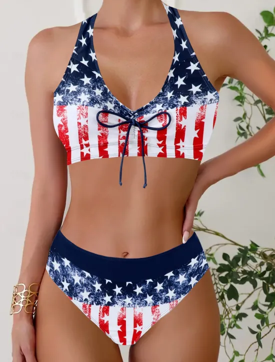 Discount Women's Plus Size Swimwear Bikini Tankini 2 Piece Cheeky Swimsuit Deep V Push Up Knitted Stylish Beach Wear Flag Tropical Plunge Sleeveless Bathing Suits Women Bikinis