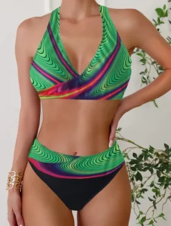 Online Women's Plus Size Swimwear Bikini Tankini 2 Piece Cheeky Swimsuit Deep V Push Up Knitted Stylish Beach Wear Leopard Color Block Plunge Sleeveless Bathing Suits Women Leopard Swimwear|Bikinis