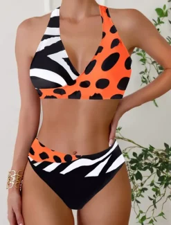 Online Women's Plus Size Swimwear Bikini Tankini 2 Piece Cheeky Swimsuit Deep V Push Up Knitted Stylish Beach Wear Leopard Color Block Plunge Sleeveless Bathing Suits Women Leopard Swimwear|Bikinis