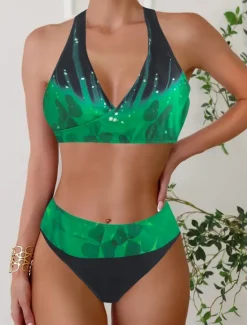 Online Women's Plus Size Swimwear Bikini Tankini 2 Piece Cheeky Swimsuit Deep V Push Up Knitted Stylish Beach Wear Leopard Color Block Plunge Sleeveless Bathing Suits Women Leopard Swimwear|Bikinis