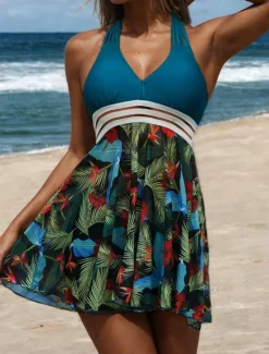 Online Women's Plus Size Swimwear Tankini 2 Piece Swim Dress Swimsuit 2 Piece Modest Swimwear Open Back Printing for Big Busts Vacation Cute Floral Leaf V Wire Sleeveless Bathing Suits Women Swimdresses