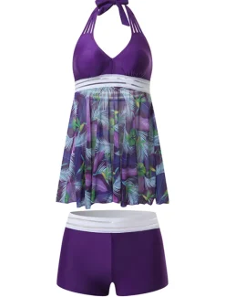 Online Women's Plus Size Swimwear Tankini 2 Piece Swim Dress Swimsuit 2 Piece Modest Swimwear Open Back Printing for Big Busts Vacation Cute Floral Leaf V Wire Sleeveless Bathing Suits Women Swimdresses