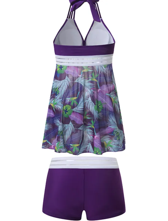 Online Women's Plus Size Swimwear Tankini 2 Piece Swim Dress Swimsuit 2 Piece Modest Swimwear Open Back Printing for Big Busts Vacation Cute Floral Leaf V Wire Sleeveless Bathing Suits Women Swimdresses