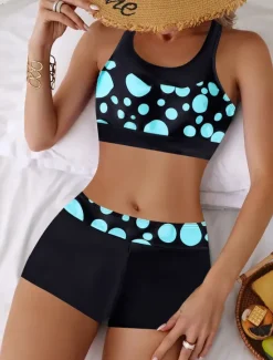 Clearance Women's Plus Size Swimwear Bikini Tankini 2 Piece Boy Leg Swimsuit High Waist Push Up Knitted Stylish Beach Wear Flag Leopard Round Neck Sleeveless Bathing Suits Women Leopard Swimwear|Bikinis