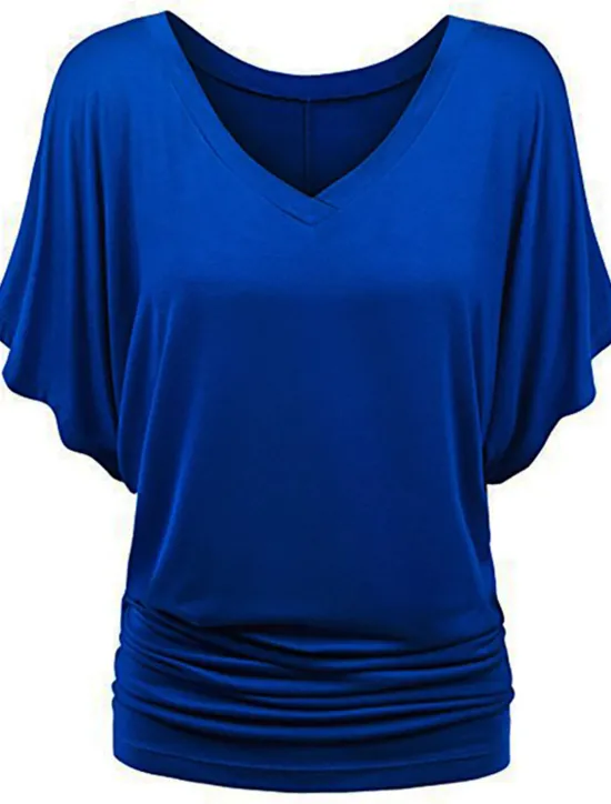 Clearance Women's Plus Size T Shirt Burgundy Tee Streetwear Casual Preppy Ruched Batwing Sleeve Half Sleeve Regular Tops V Neck Daily Going out Weekend Black White Yellow Pink Wine Summer Spring Women T-Shirts