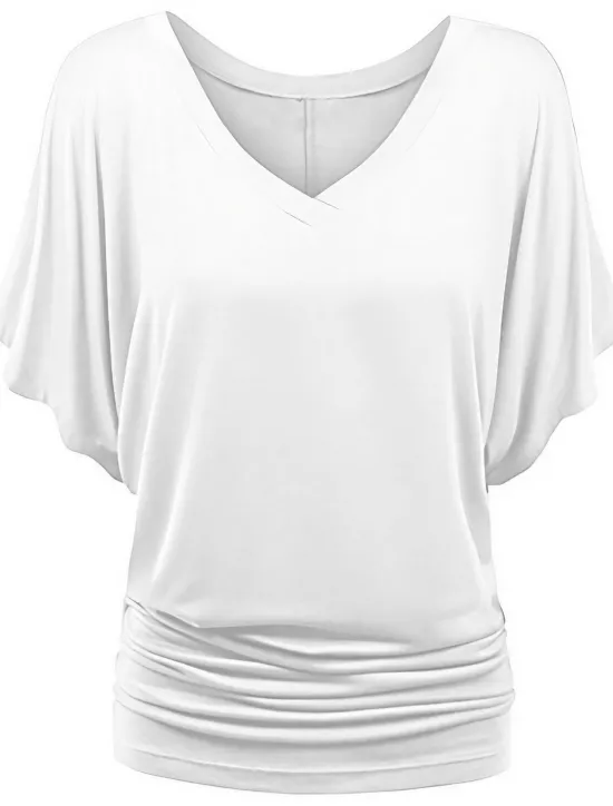 Clearance Women's Plus Size T Shirt Burgundy Tee Streetwear Casual Preppy Ruched Batwing Sleeve Half Sleeve Regular Tops V Neck Daily Going out Weekend Black White Yellow Pink Wine Summer Spring Women T-Shirts