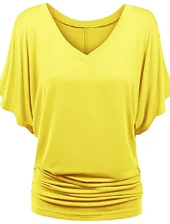Clearance Women's Plus Size T Shirt Burgundy Tee Streetwear Casual Preppy Ruched Batwing Sleeve Half Sleeve Regular Tops V Neck Daily Going out Weekend Black White Yellow Pink Wine Summer Spring Women T-Shirts