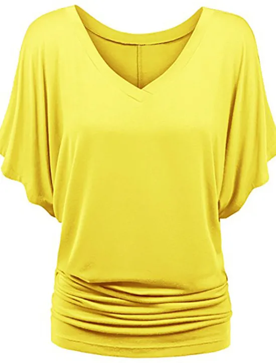 Clearance Women's Plus Size T Shirt Burgundy Tee Streetwear Casual Preppy Ruched Batwing Sleeve Half Sleeve Regular Tops V Neck Daily Going out Weekend Black White Yellow Pink Wine Summer Spring Women T-Shirts