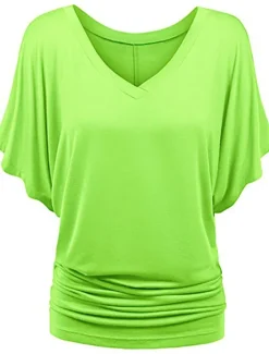 Clearance Women's Plus Size T Shirt Burgundy Tee Streetwear Casual Preppy Ruched Batwing Sleeve Half Sleeve Regular Tops V Neck Daily Going out Weekend Black White Yellow Pink Wine Summer Spring Women T-Shirts