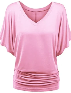 Clearance Women's Plus Size T Shirt Burgundy Tee Streetwear Casual Preppy Ruched Batwing Sleeve Half Sleeve Regular Tops V Neck Daily Going out Weekend Black White Yellow Pink Wine Summer Spring Women T-Shirts