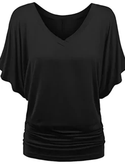 Clearance Women's Plus Size T Shirt Burgundy Tee Streetwear Casual Preppy Ruched Batwing Sleeve Half Sleeve Regular Tops V Neck Daily Going out Weekend Black White Yellow Pink Wine Summer Spring Women T-Shirts
