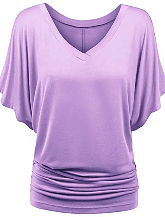 Clearance Women's Plus Size T Shirt Burgundy Tee Streetwear Casual Preppy Ruched Batwing Sleeve Half Sleeve Regular Tops V Neck Daily Going out Weekend Black White Yellow Pink Wine Summer Spring Women T-Shirts