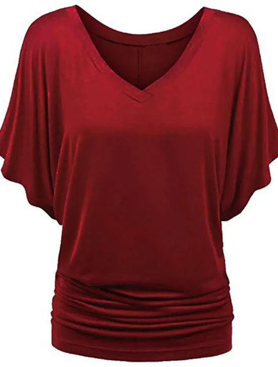 Clearance Women's Plus Size T Shirt Burgundy Tee Streetwear Casual Preppy Ruched Batwing Sleeve Half Sleeve Regular Tops V Neck Daily Going out Weekend Black White Yellow Pink Wine Summer Spring Women T-Shirts