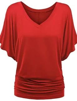 Clearance Women's Plus Size T Shirt Burgundy Tee Streetwear Casual Preppy Ruched Batwing Sleeve Half Sleeve Regular Tops V Neck Daily Going out Weekend Black White Yellow Pink Wine Summer Spring Women T-Shirts